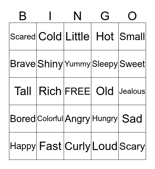 Adjective Bingo Card