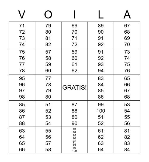 French Numbers Bingo 51-100 Bingo Card