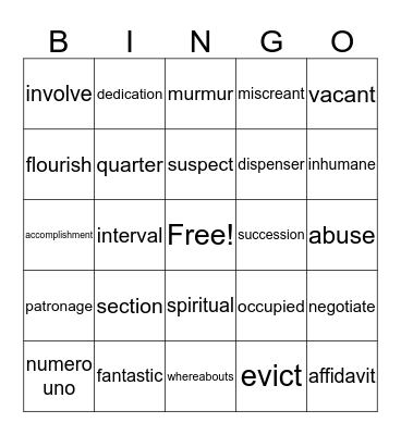 Vocabulary Bingo! Bingo Card