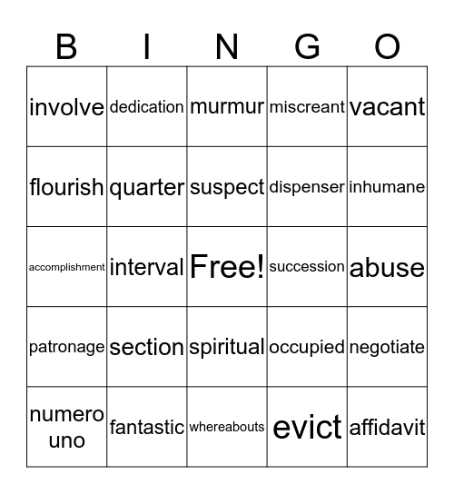 Vocabulary Bingo! Bingo Card