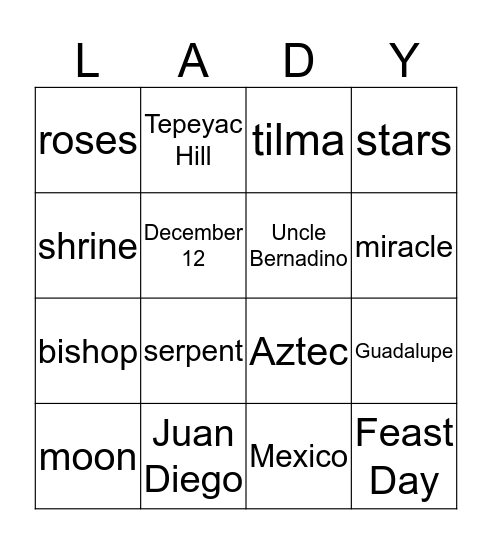 Our Lady of Guadalupe Bingo Card
