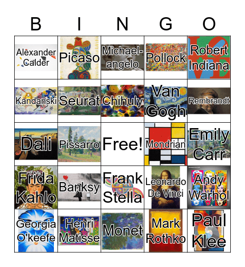 Famous Artists Bingo Card