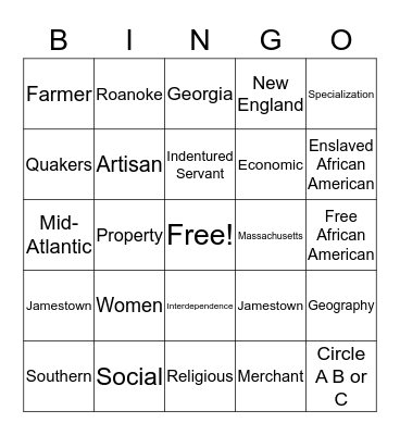 English Colonies Bingo Card