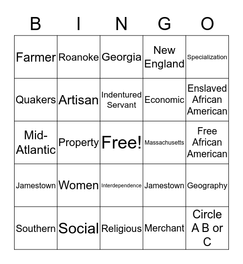 English Colonies Bingo Card