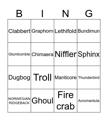 Beastly Bingo Card
