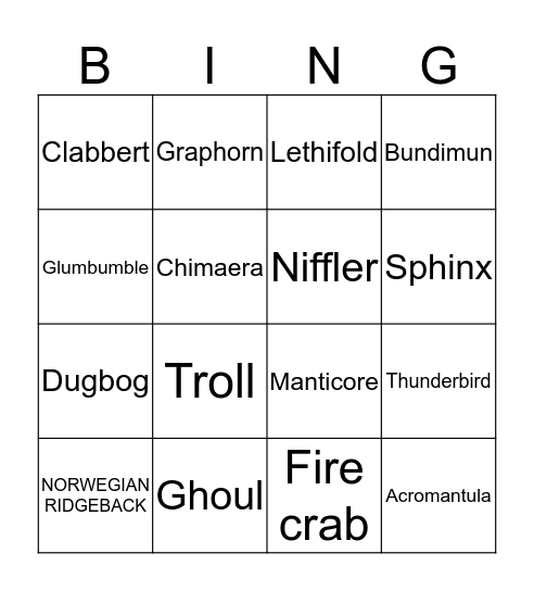 Beastly Bingo Card