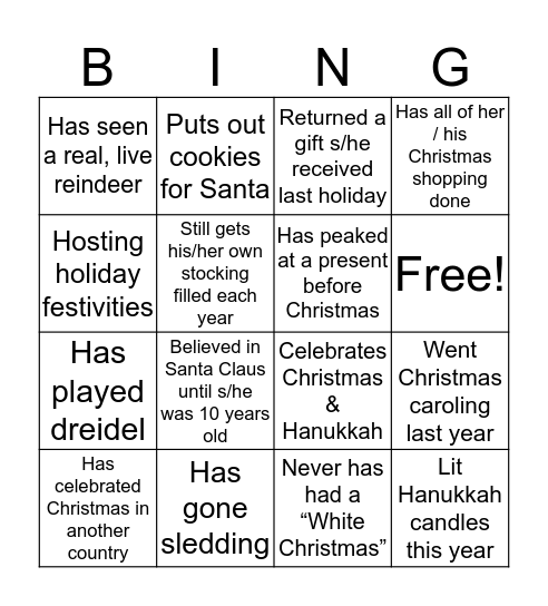 UR Holiday Bingo Card