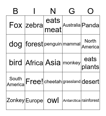 Animal Report Bingo Card