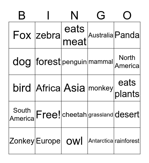 Animal Report Bingo Card