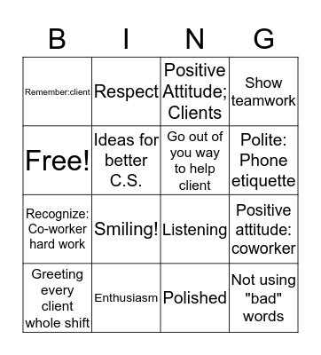 G.R.E.A.T Costumer Service Bingo Card