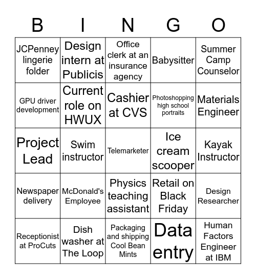 HWUX First Job Bingo Card