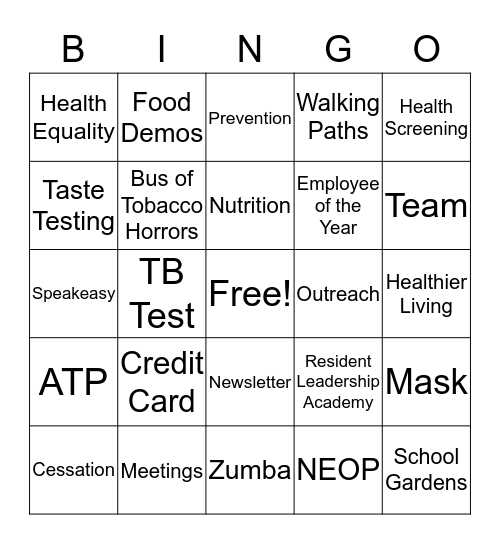 Health Ed Bingo Card