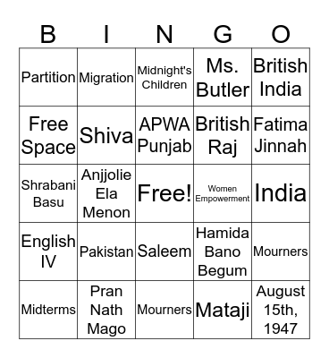 Women during Partition Bingo Card