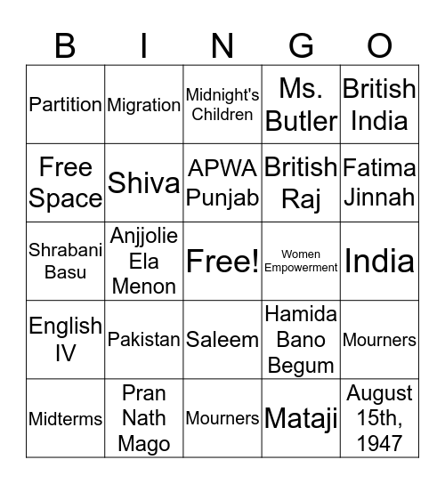 Women during Partition Bingo Card