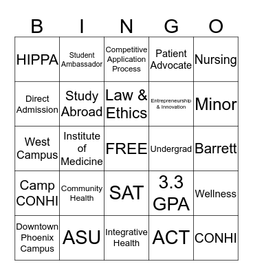 College of Nursing and Health Innovation BINGO Card