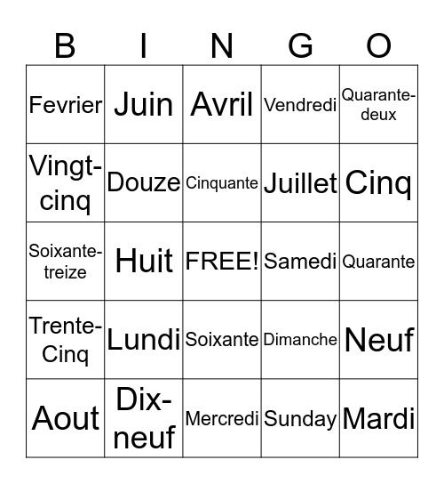 FRENCH Bingo Card