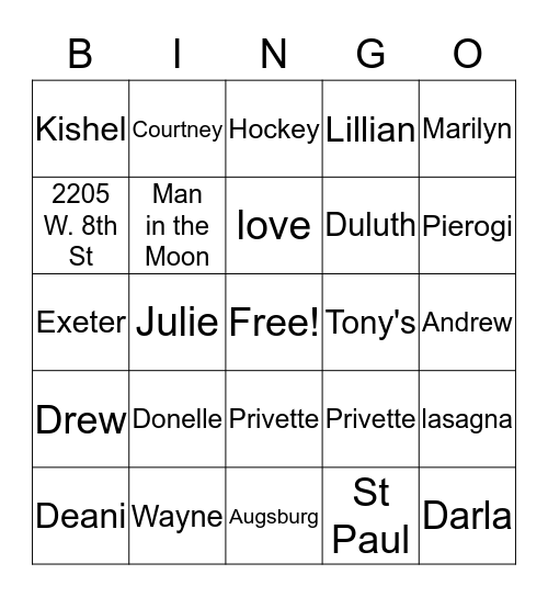 PRIVETTE FAMILY BINGO Card