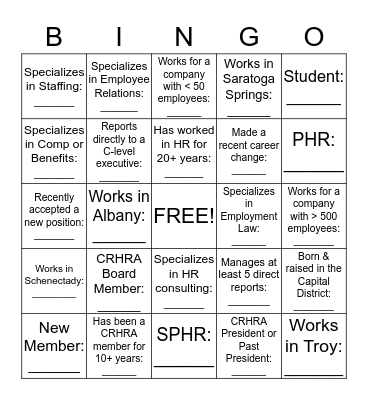 CRHRA Bingo Card