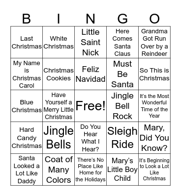 Christmas Songs Bingo Card