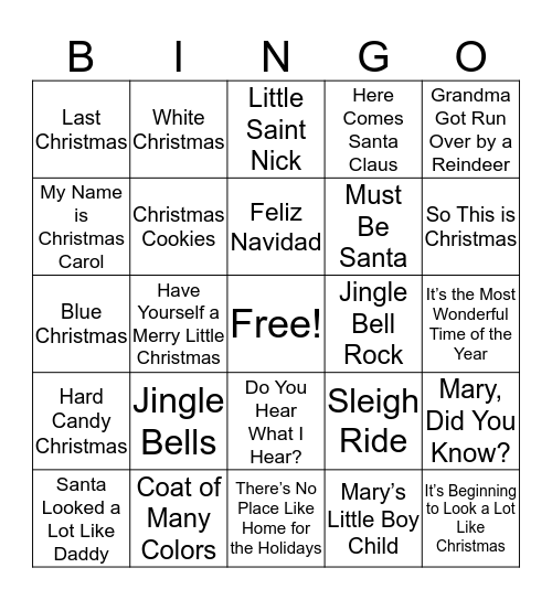 Christmas Songs Bingo Card