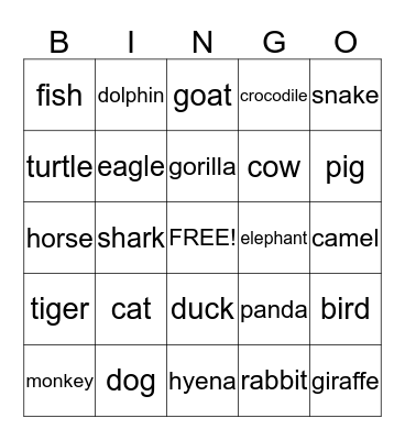 Animals Bingo Card