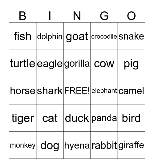 Animals Bingo Card