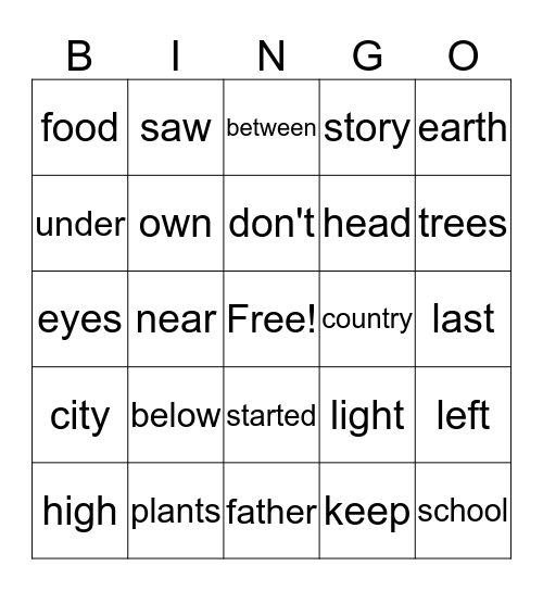 2nd Grade Sight Word Bingo Card