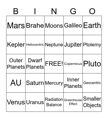 Solar System Bingo Card