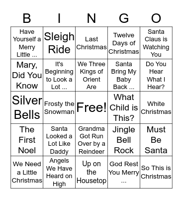 Christmas Songs Bingo Card