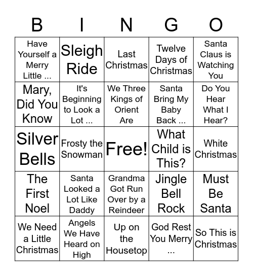 Christmas Songs Bingo Card