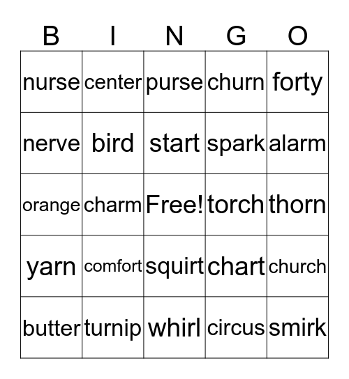 R Controlled Vowels Bingo Card