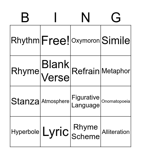 Poetic Device Bingo Card