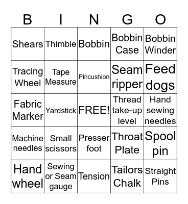 Sewing Vocabulary Bingo Card