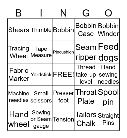 Sewing Vocabulary Bingo Card