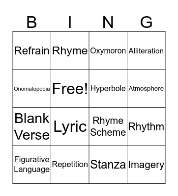 Poetic Device Bingo Card