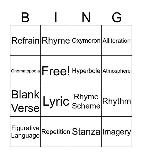 Poetic Device Bingo Card