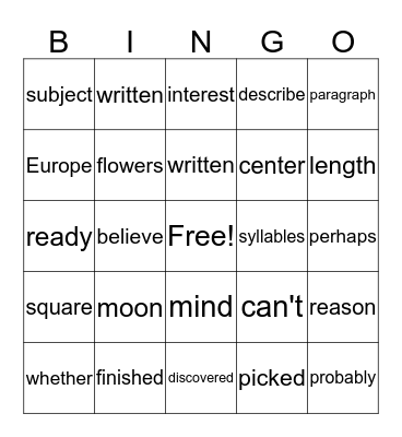 Sight Word Bingo Card