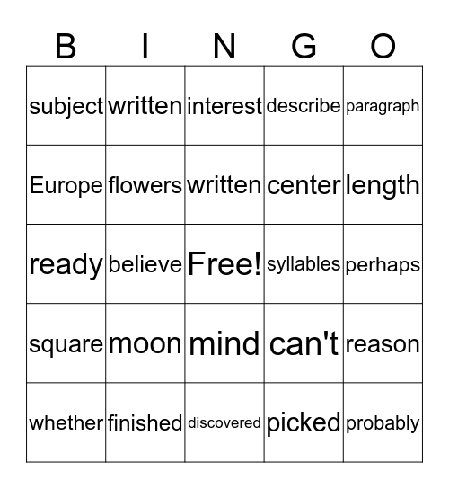 Sight Word Bingo Card