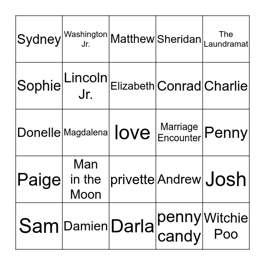 Privette Family Bingo Card