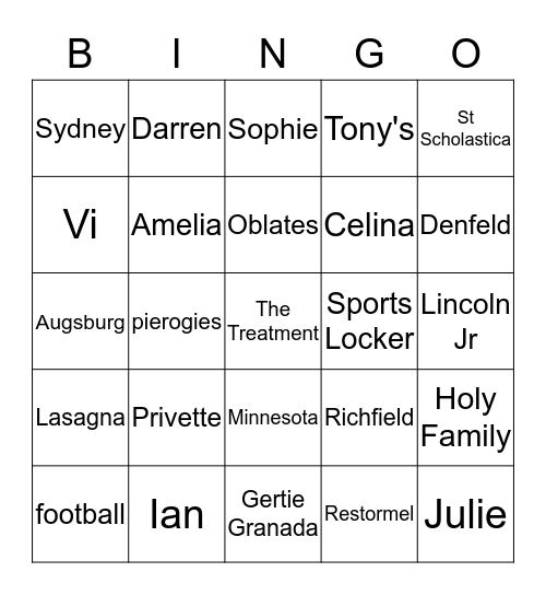 Privette Family Bingo Card