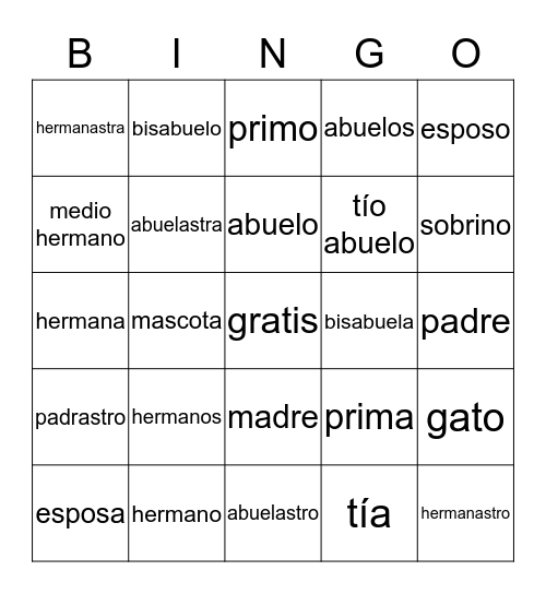 Mi Familia Bingo Card