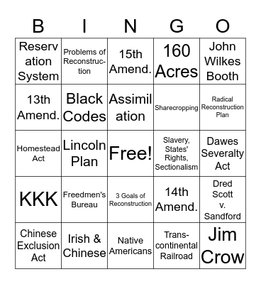 Civil War & Reconstruction Bingo Card