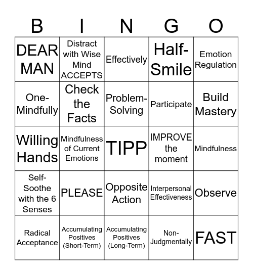 DBT Bingo Card