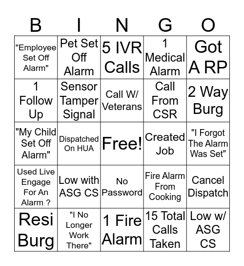 Main Floor Bingo Card