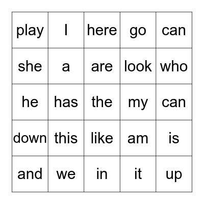 Sight Words Bingo Card