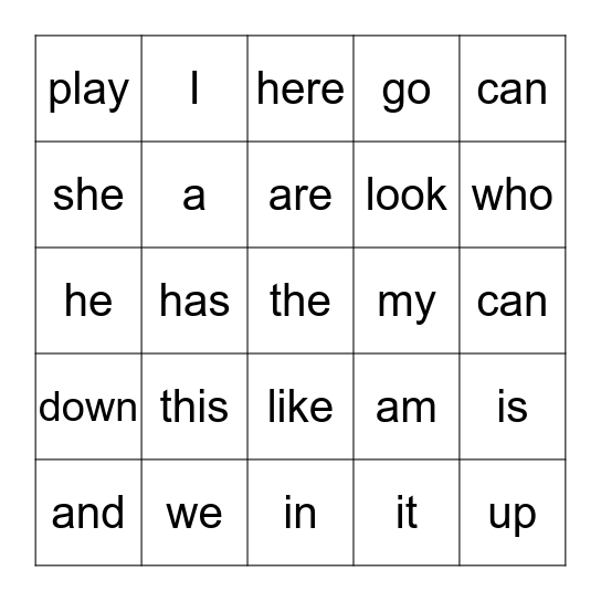 Sight Words Bingo Card