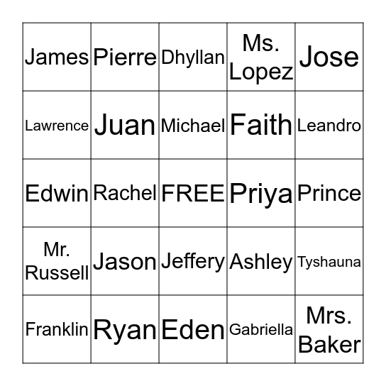 Class Names BINGO Card