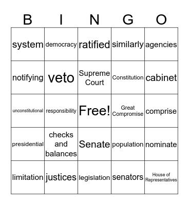 Application #7:  Three Branches of Government Bingo Card