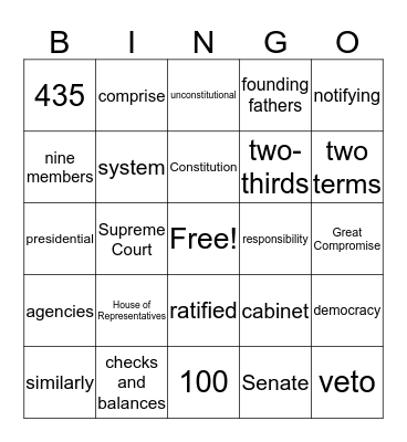 Application #7:  Three Branches of Government Bingo Card