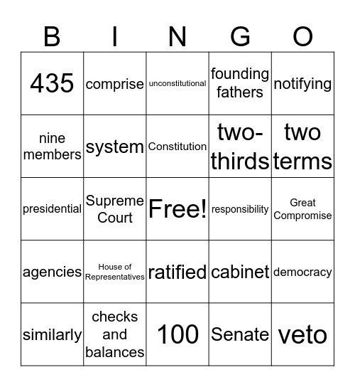 Application #7:  Three Branches of Government Bingo Card